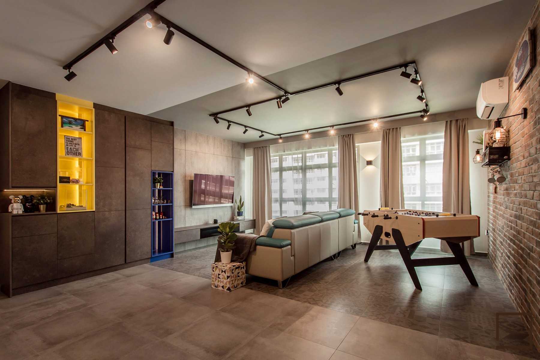 Industrial Living Room with Bookshelf and Mirror