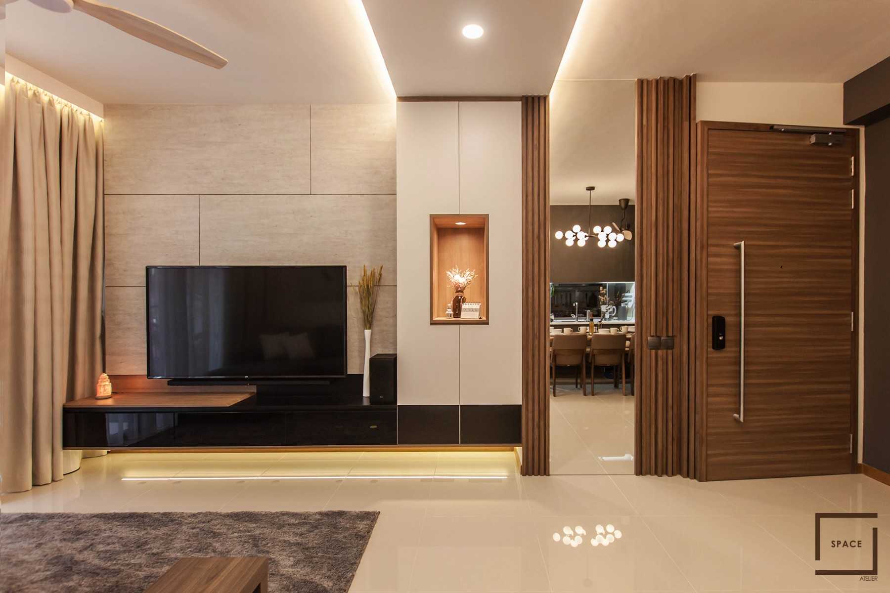 Contemporary Living Room with Homogeneous Tiles and TV Console