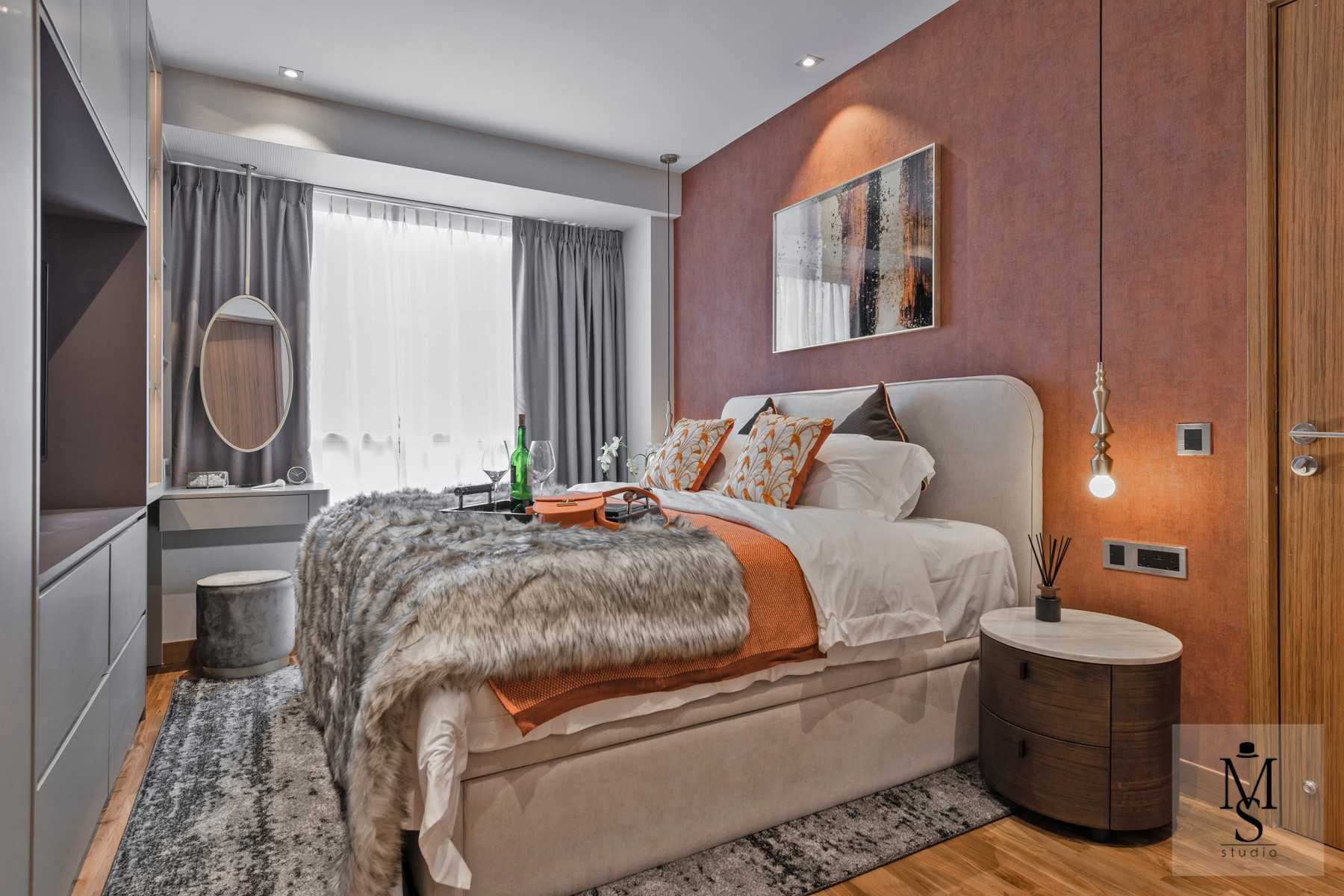 Modern Bedroom with Parquet Floor and Bedside Table