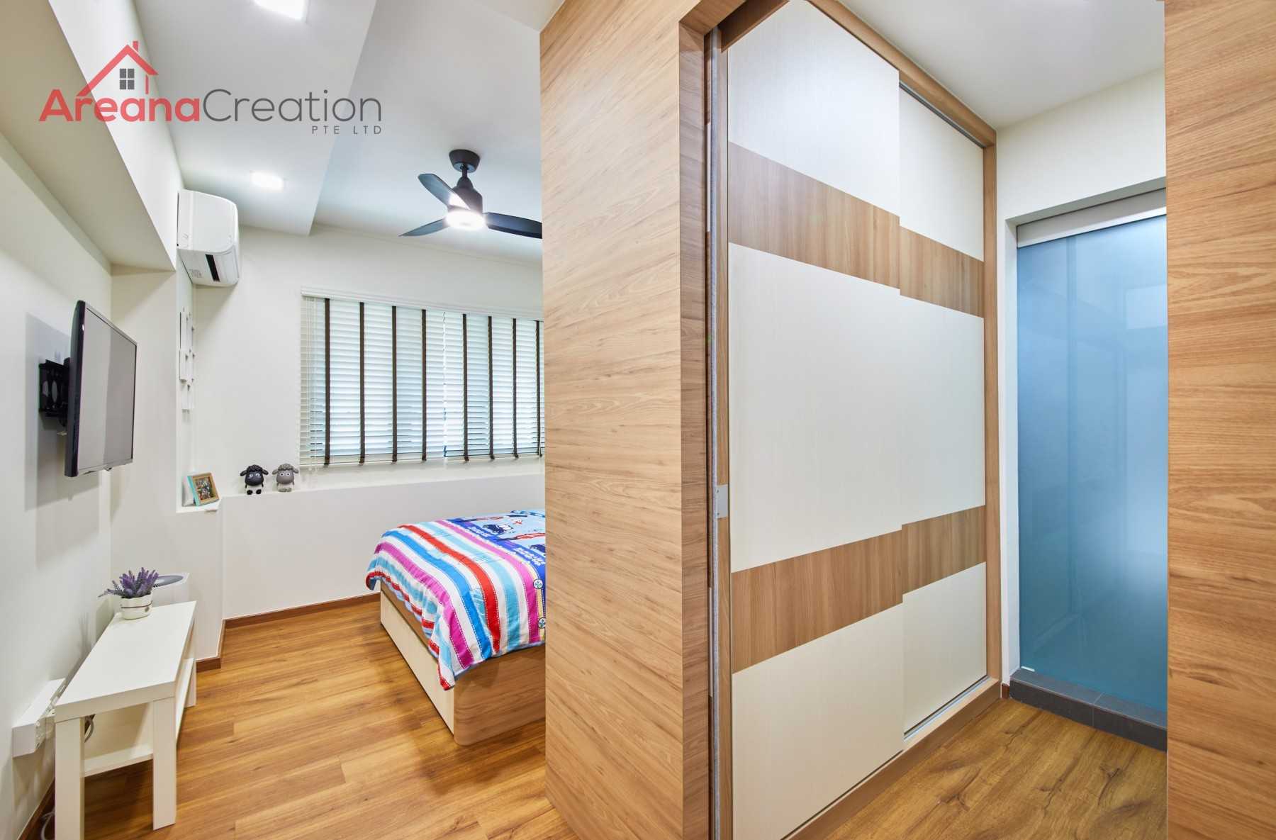 Scandinavian Bedroom with Wood Flooring and Wardrobe