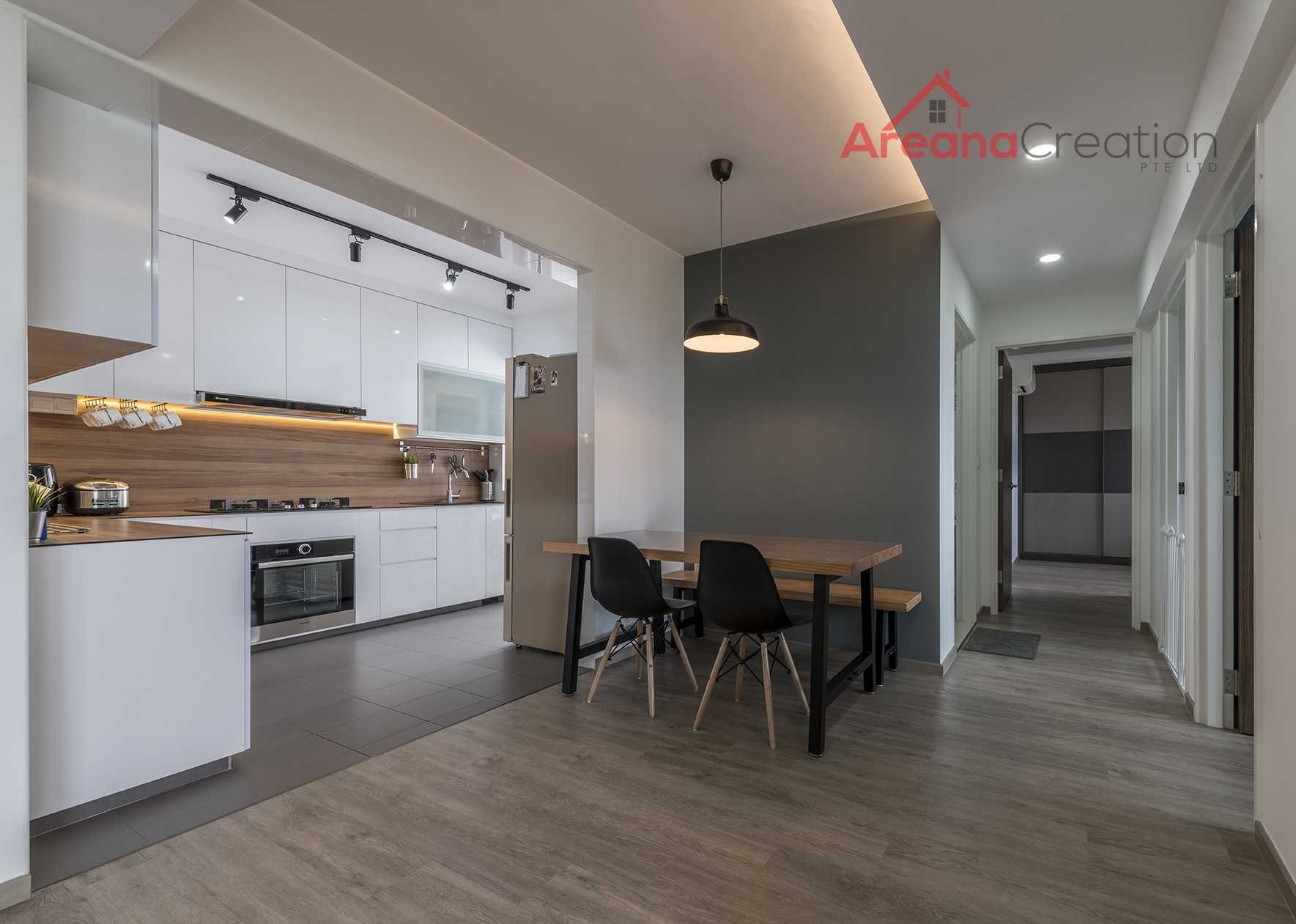 Contemporary Dining Room with Drop Light and Downlights
