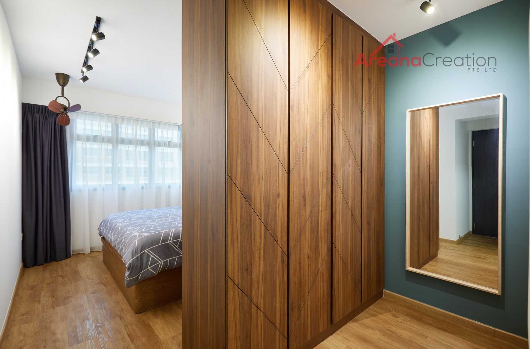 Scandinavian Bedroom with Wood Flooring and Ceiling Light