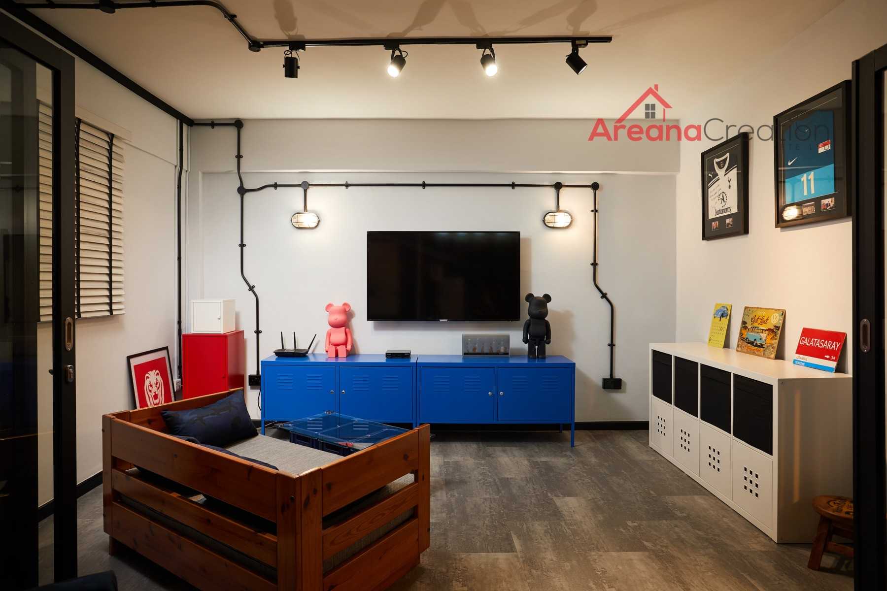 Industrial Living Room with TV Console and Feature Wall