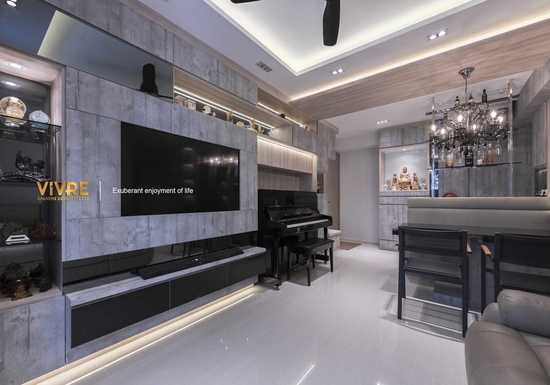 Asian Living Room with TV Console and Feature Wall