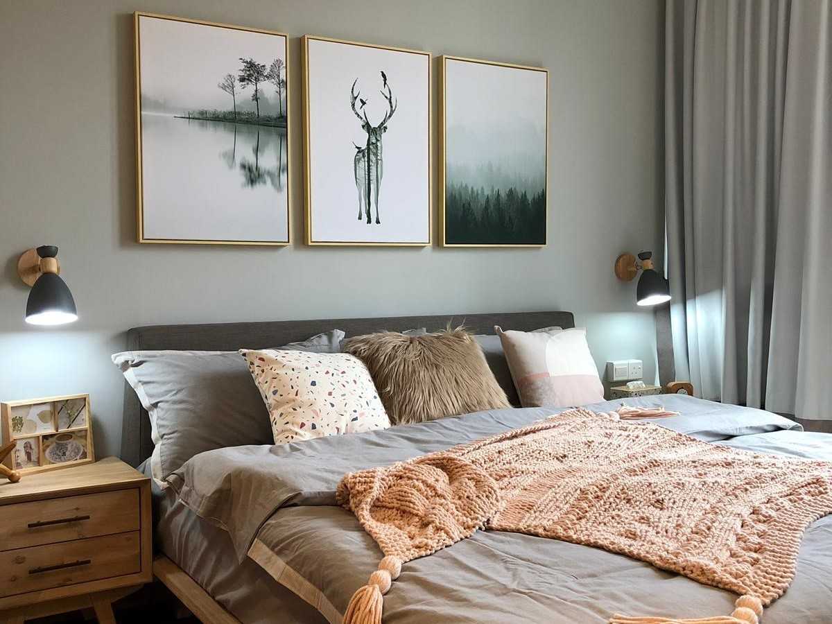 Scandinavian Bedroom with Parquet Floor and Bedside Table
