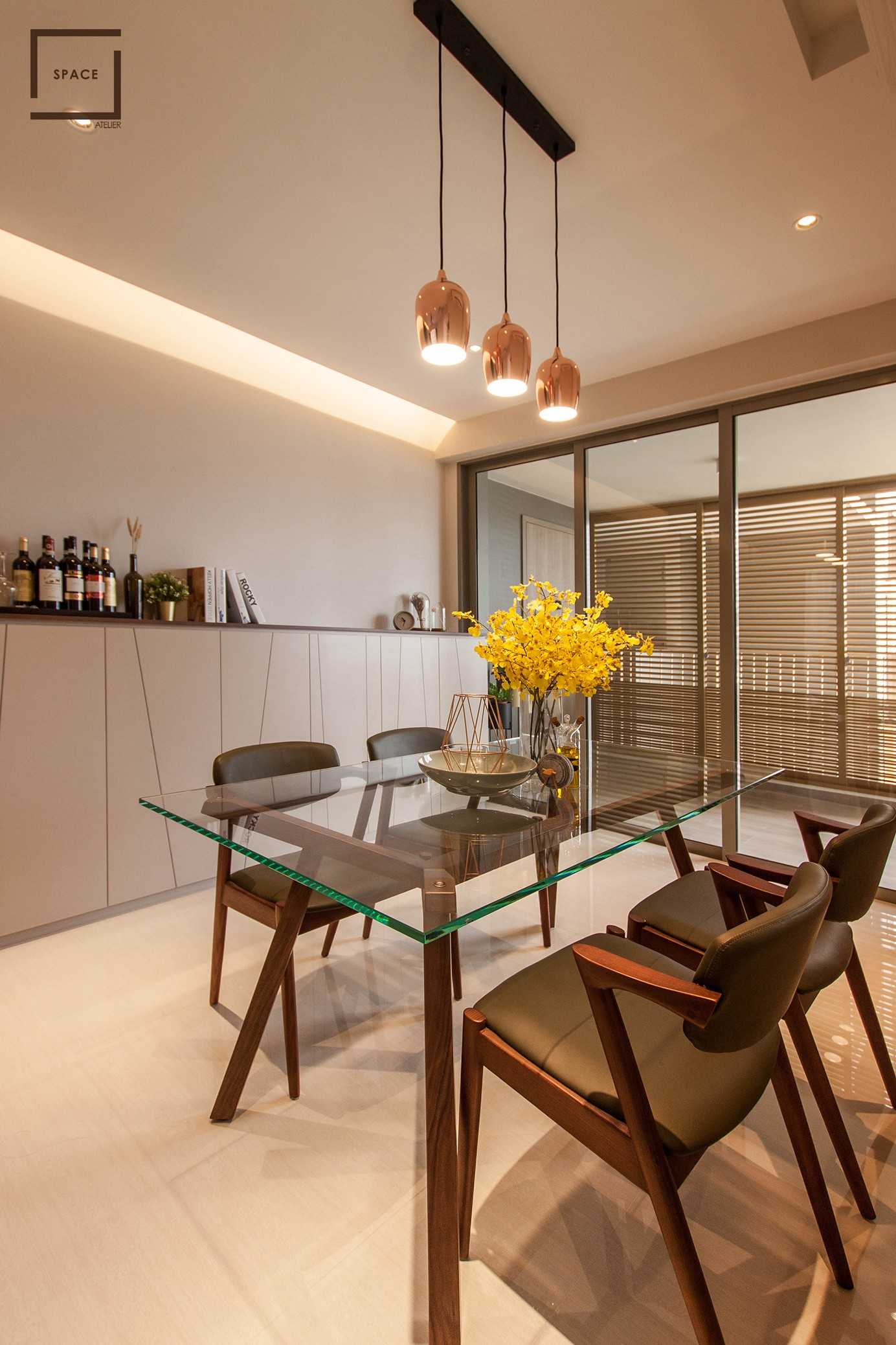 Minimalist Dining Room with Drop Ceiling and Downlights