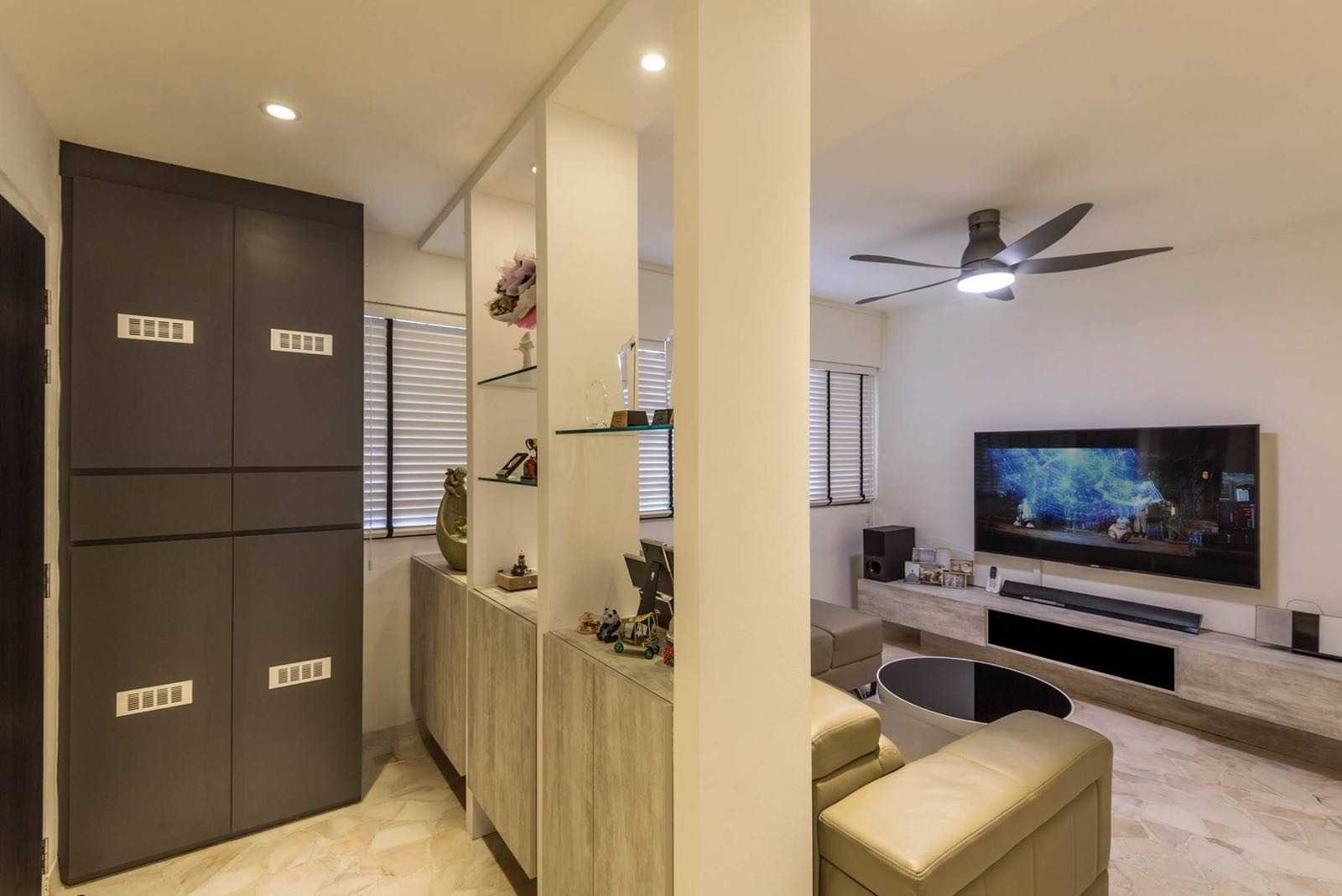 Minimalist Foyer with TV Console and Drop Ceiling