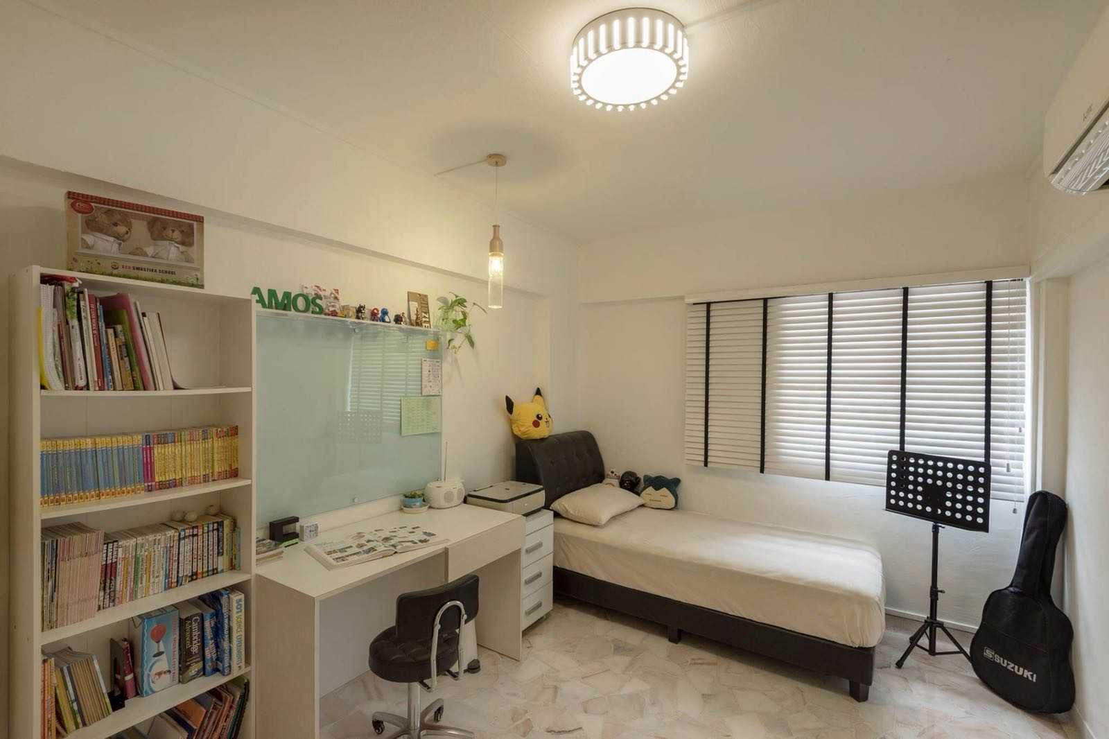 Minimalist Bedroom with Bookshelf and Marble Floor