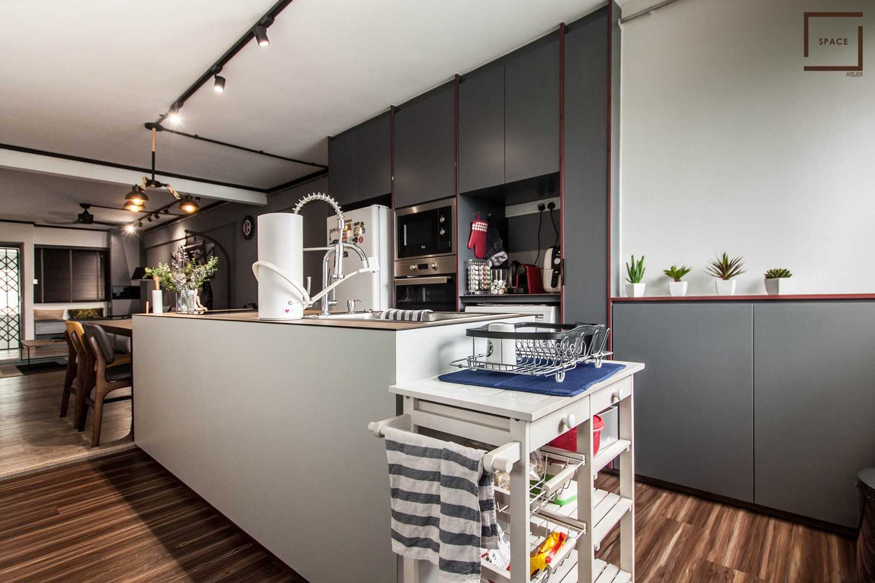 Industrial Kitchen with Cupboard and Open Kitchen