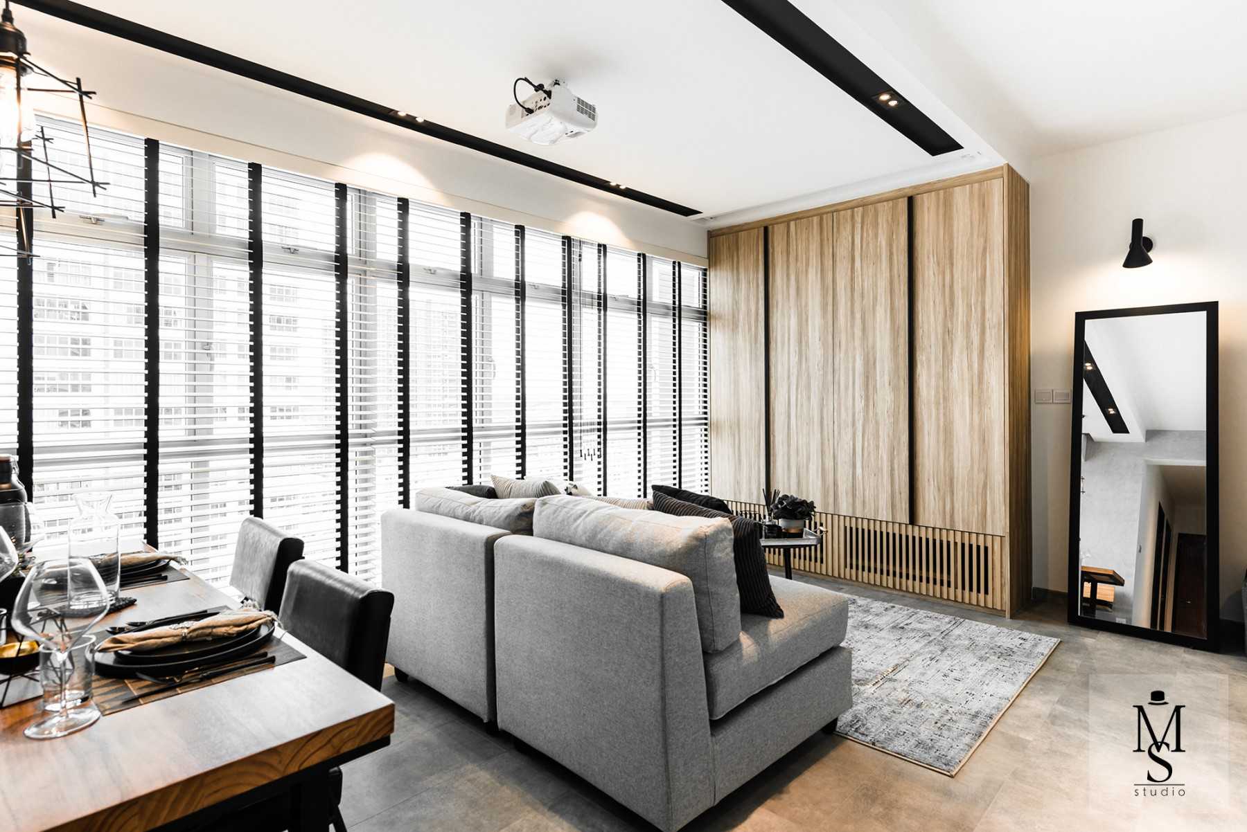 Industrial Living Room with TV Console and Cove Lighting