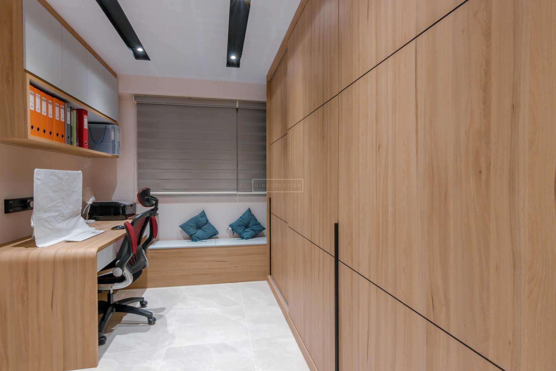 Scandinavian Bedroom with Bookshelf and Homogeneous Tiles