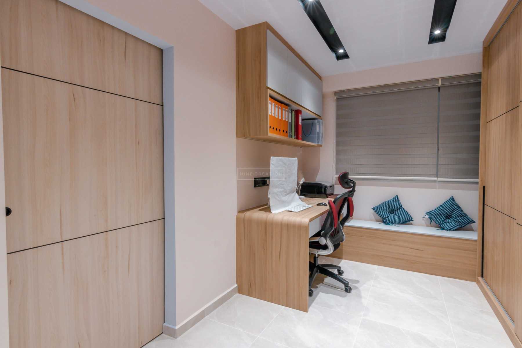 Scandinavian Bedroom with Bookshelf and Homogeneous Tiles