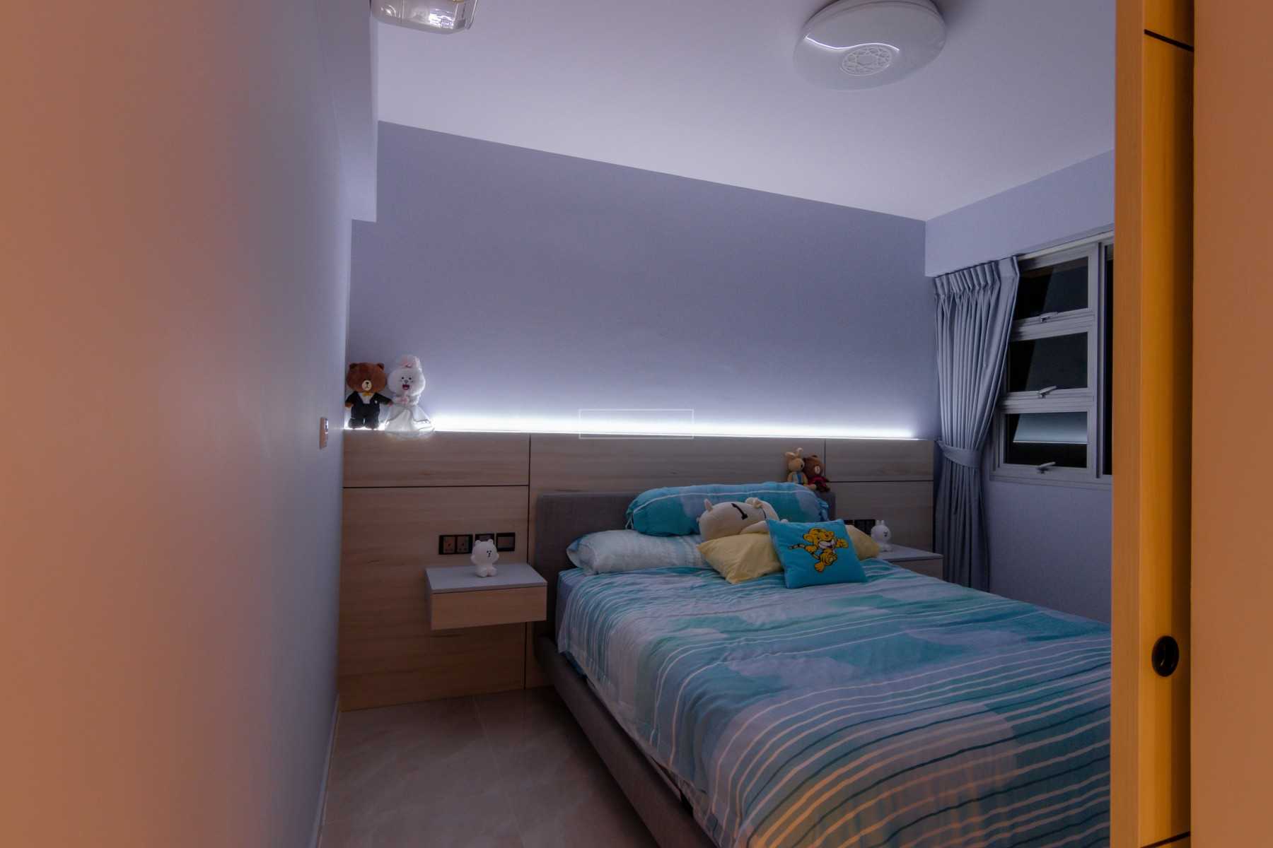 Scandinavian Bedroom with Homogeneous Tiles and Ceiling Light
