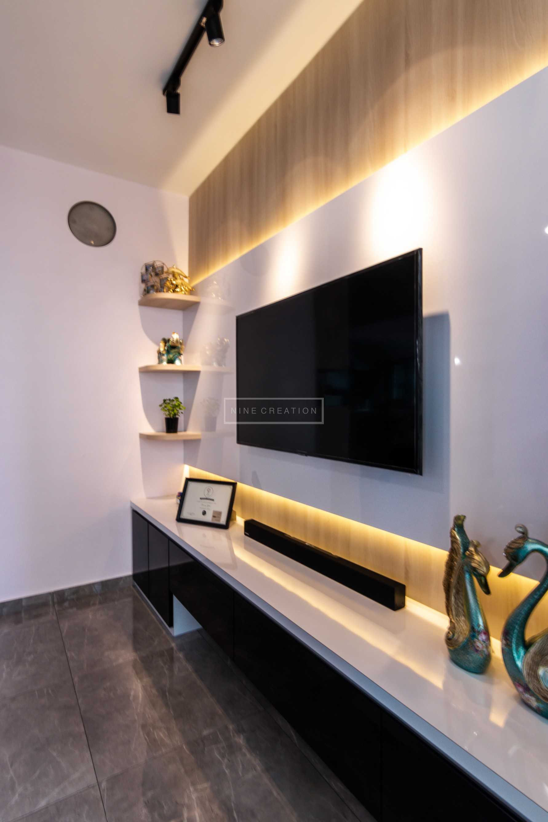 Contemporary Living Room with Homogeneous Tiles and TV Console