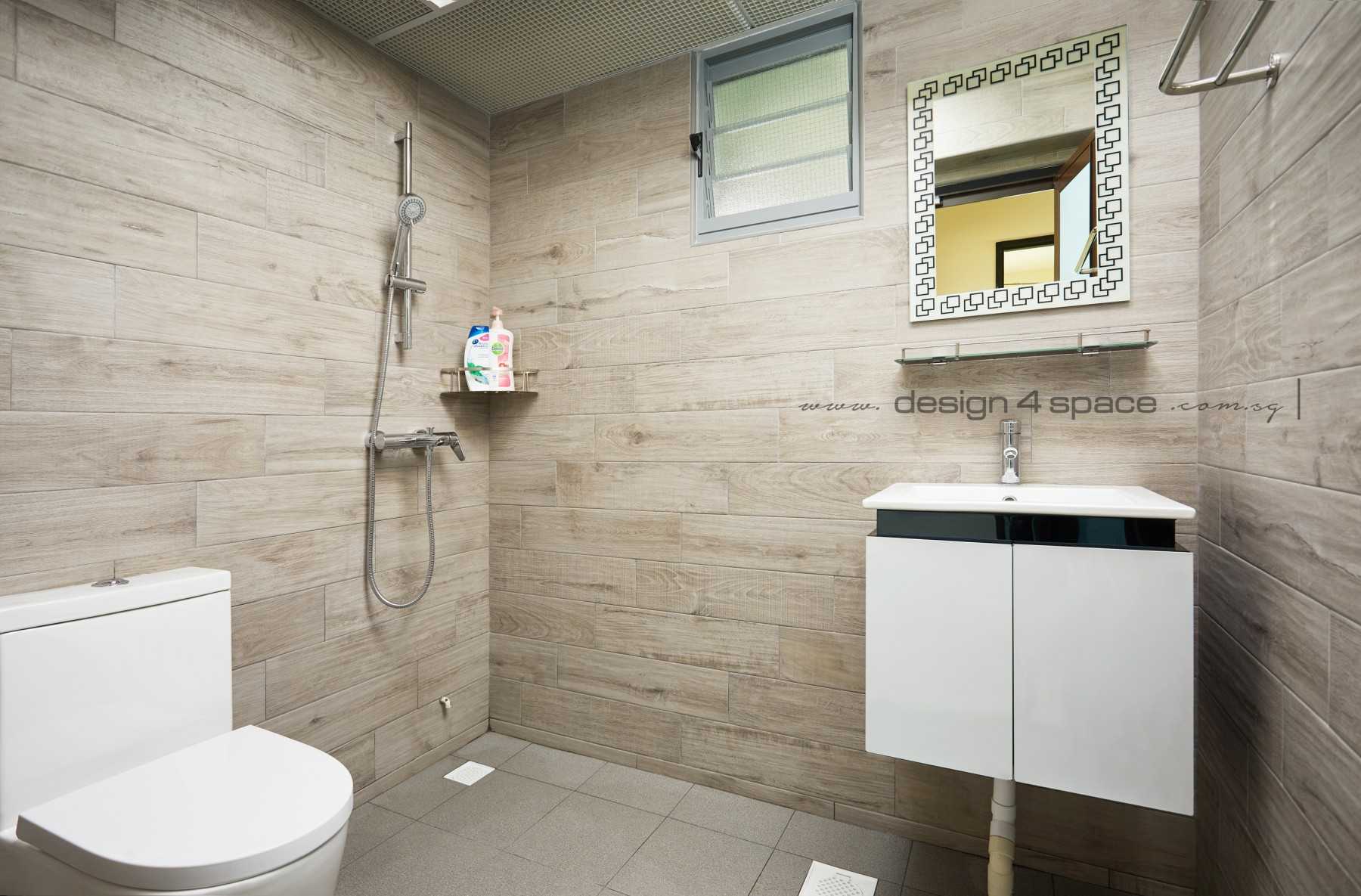 Contemporary Bathroom with Cement Floor and Wood Flooring