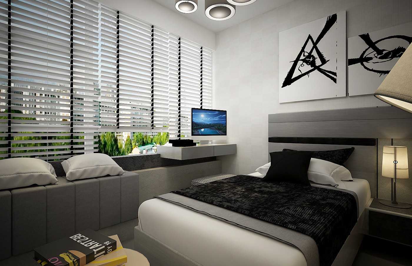 Modern Bedroom with Bay Window and Bedside Table