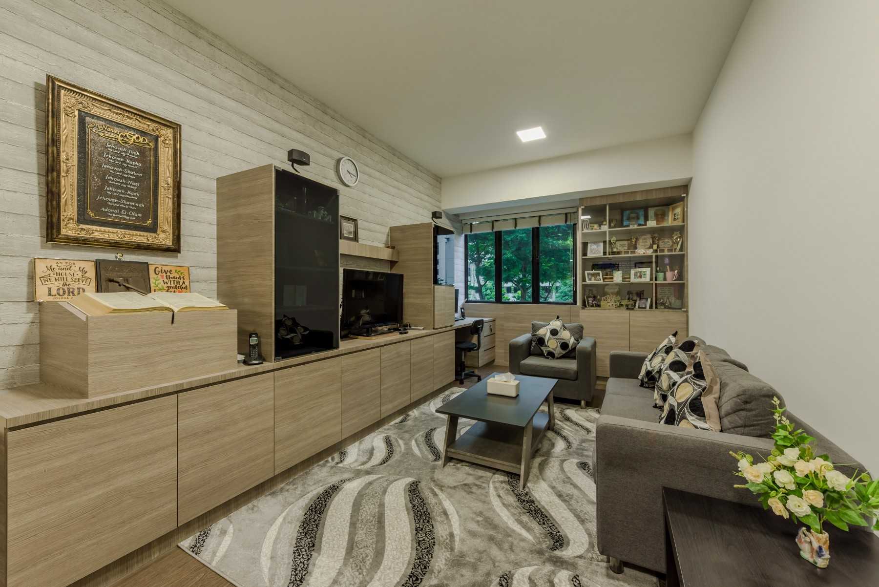 Contemporary Living Room with Bookshelf and Vinyl Flooring