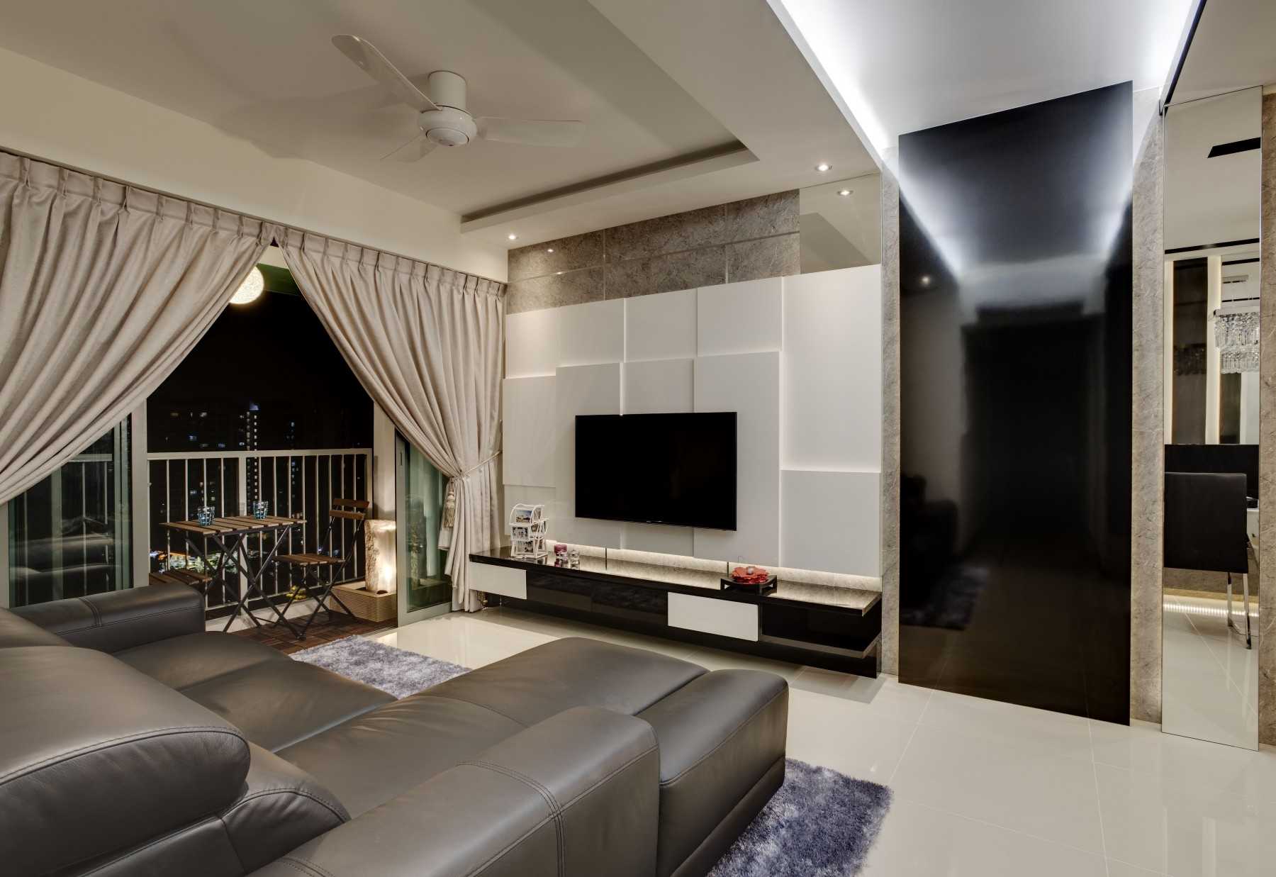 Contemporary Living Room with Homogeneous Tiles and TV Console