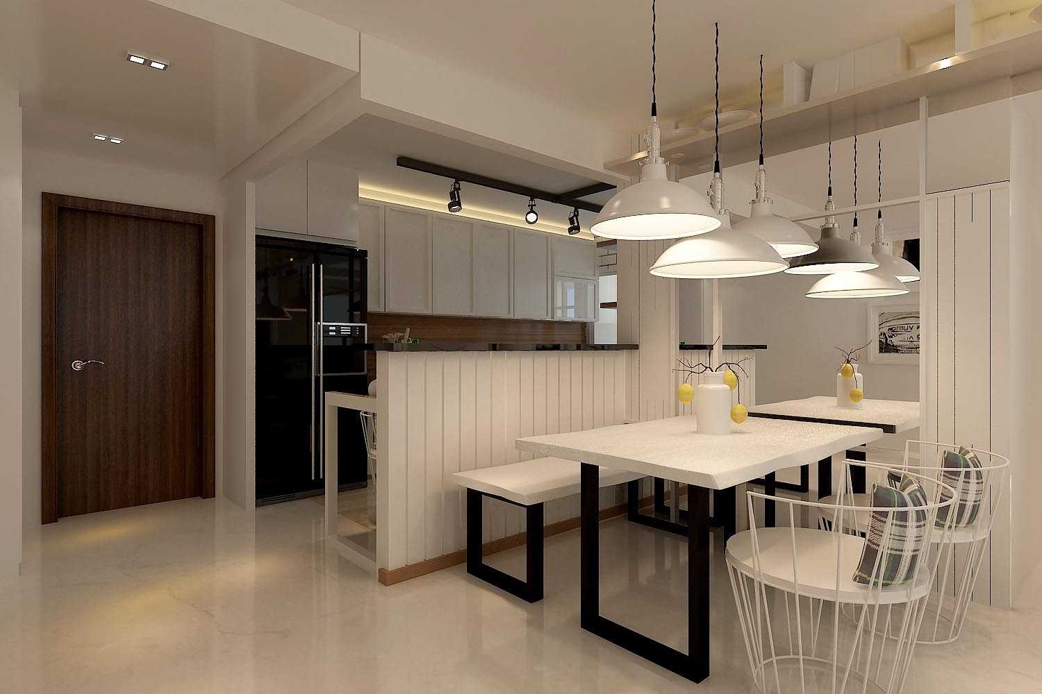 Scandinavian Dining Room with Mirror and Open Kitchen
