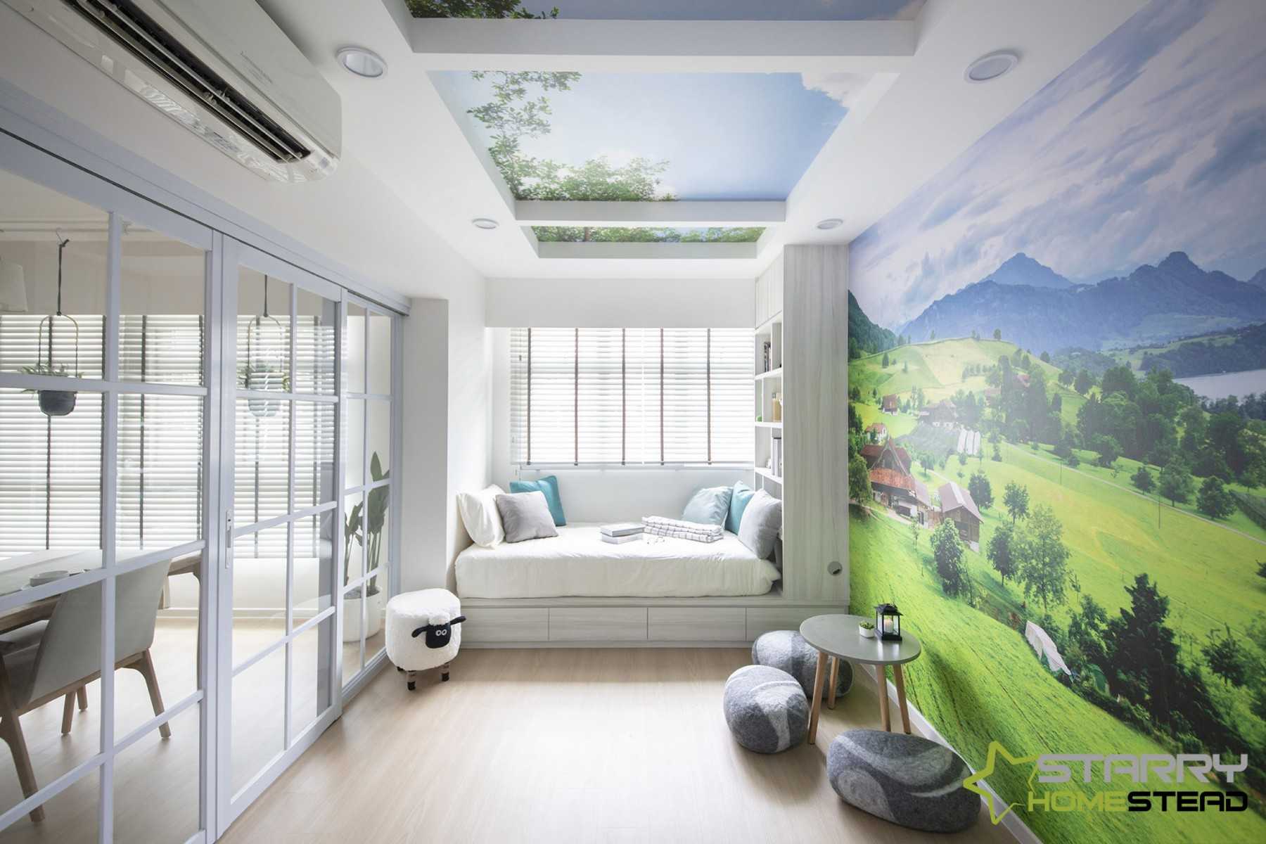 Country Bedroom with Bookshelf and Platform Bed