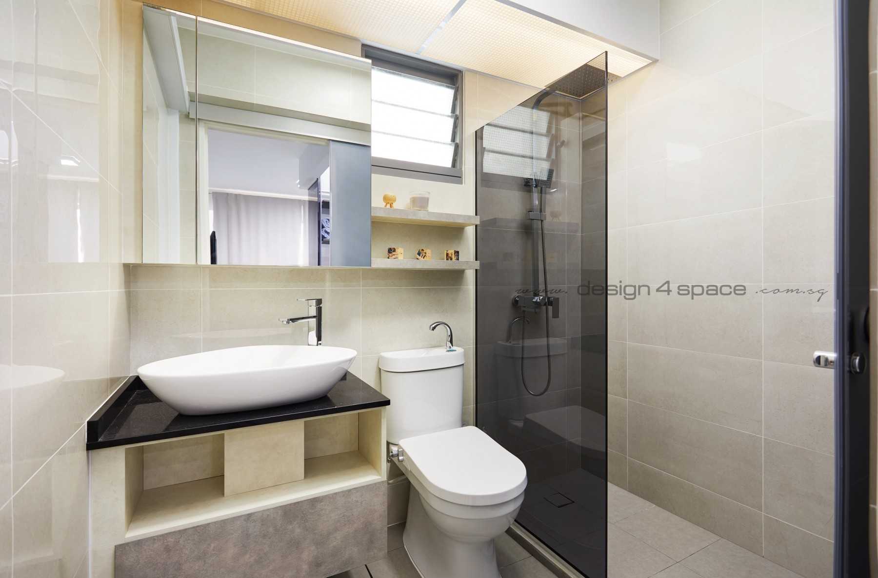 Scandinavian Bathroom with Wood Flooring and Mirror