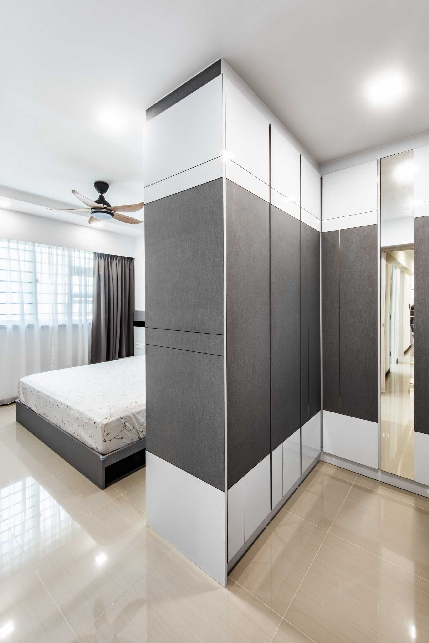 Contemporary Bedroom with Homogeneous Tiles and Wardrobe