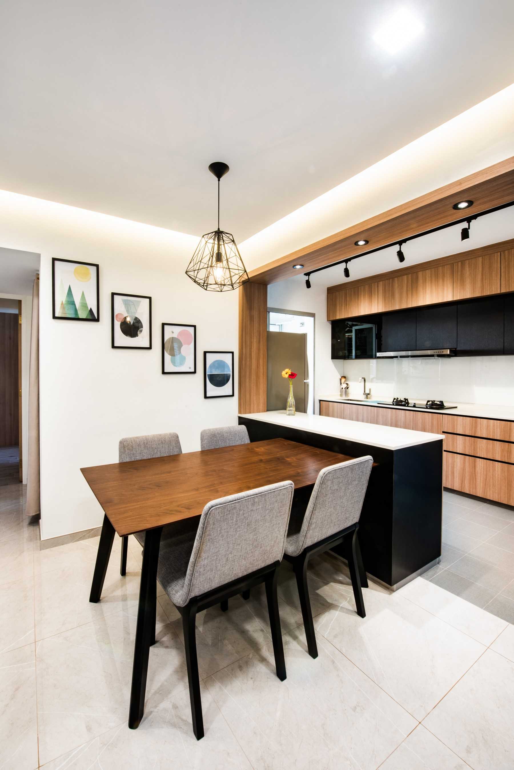 Contemporary Dining Room with Countertop and Drop Light