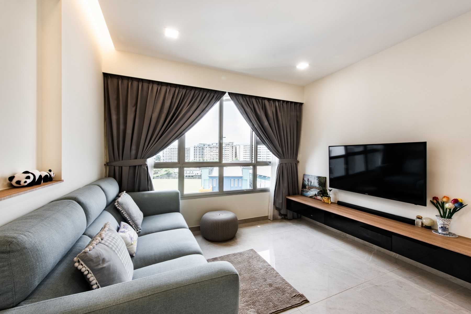 Contemporary Living Room with Homogeneous Tiles and TV Console