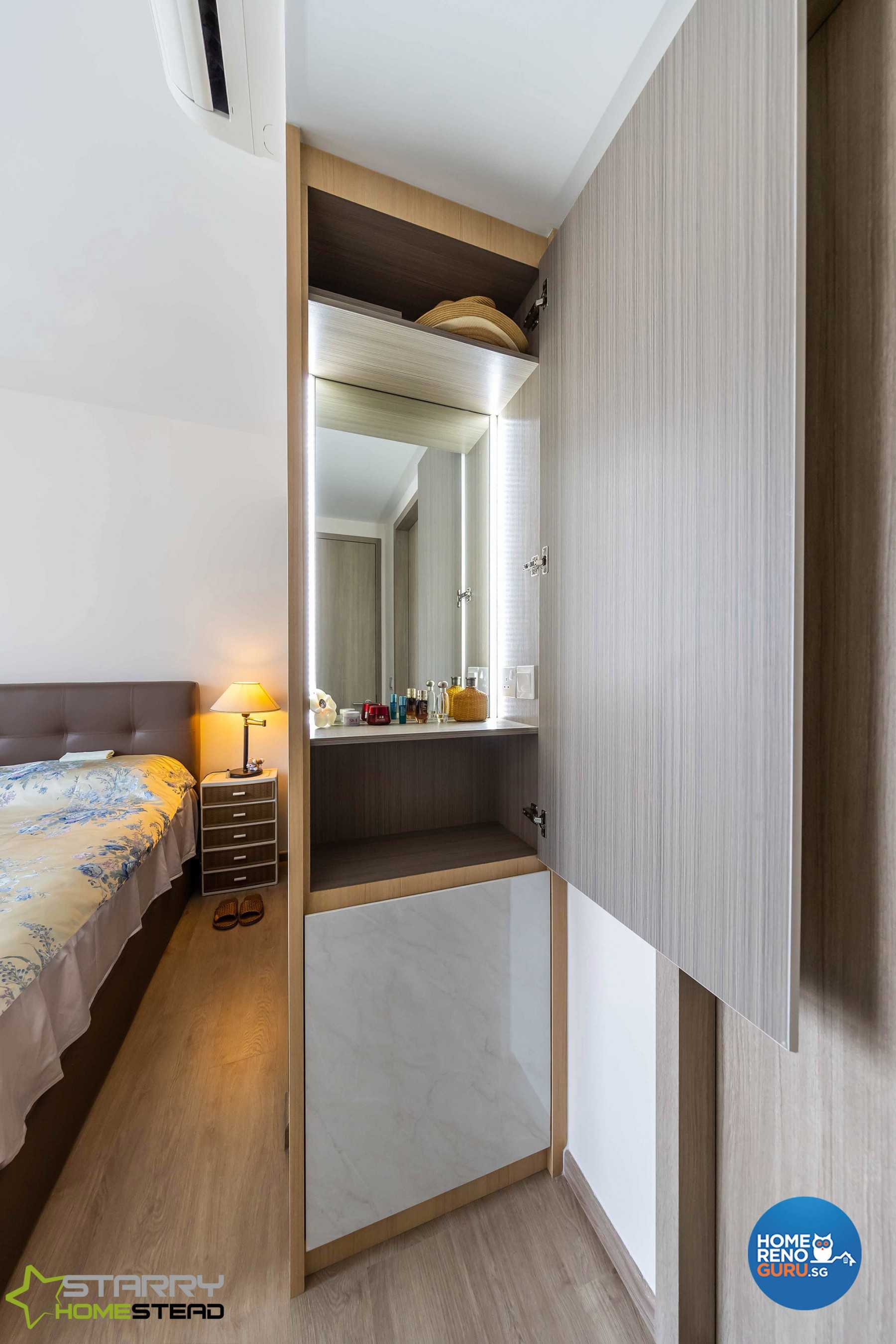 Scandinavian Bedroom with Storage Cabinets and Bed