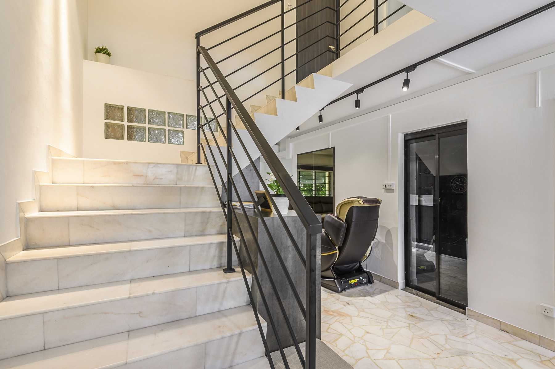 Contemporary Entryway with Marble Floor and Staircase