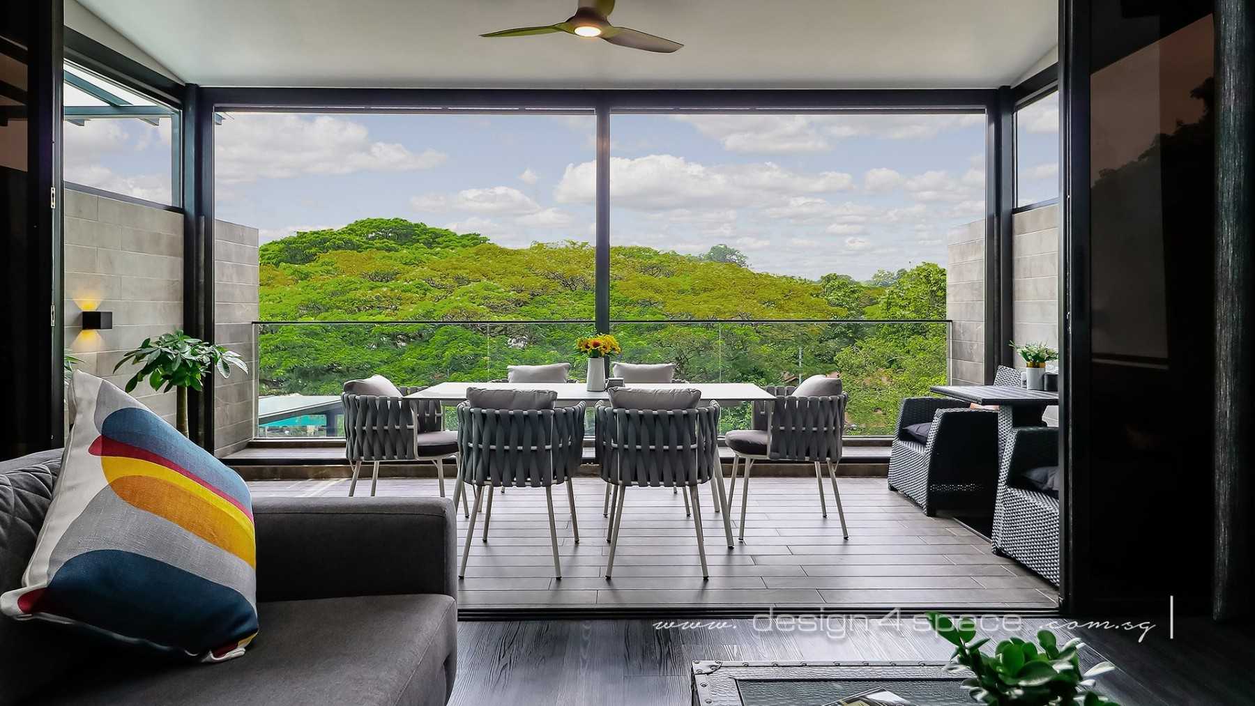 Modern Balcony with Window Seat and Window Shutters