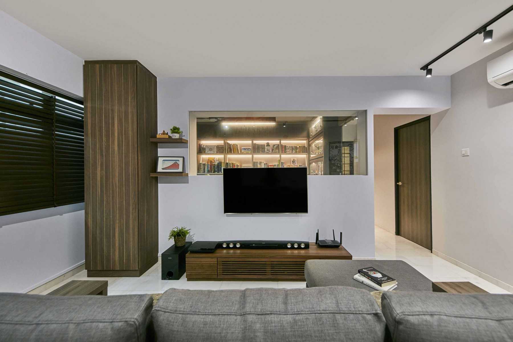 Asian Living Room with Granite Floor and TV Console