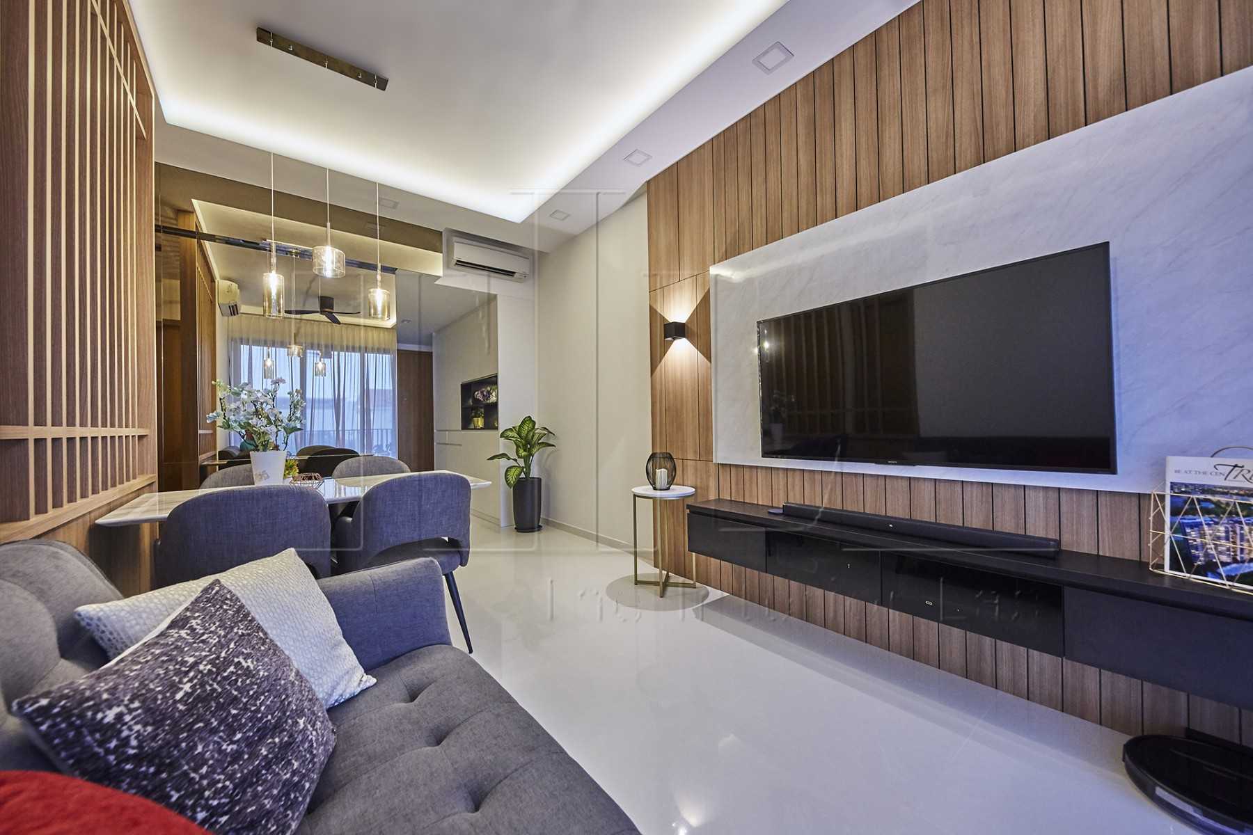 Modern Living Room with Homogeneous Tiles and Feature Wall