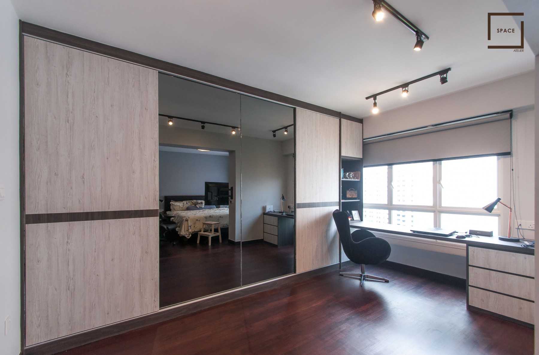 Contemporary Bedroom with Bookshelf and Ceiling Light