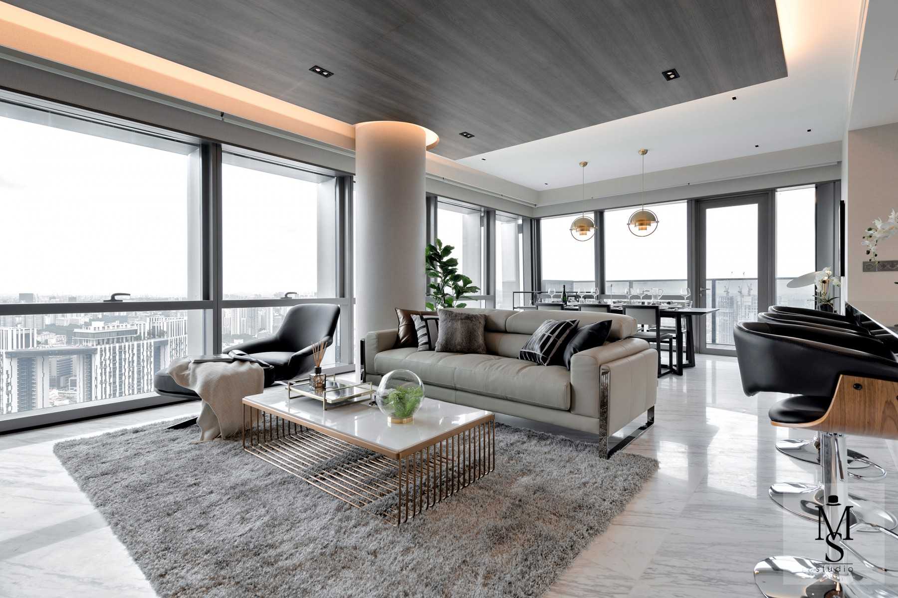Contemporary Living Room with Ceiling Light and Carpet