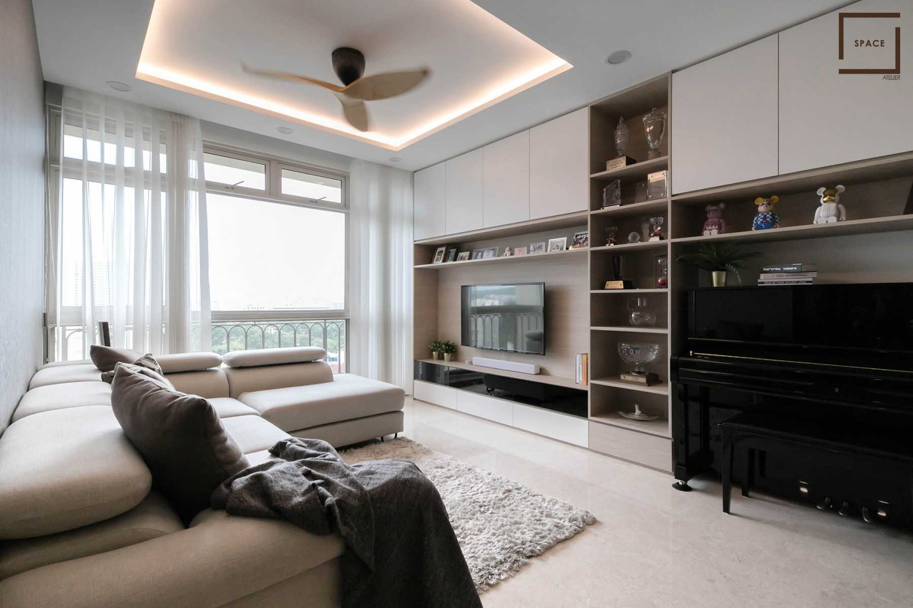 Contemporary Living Room with Homogeneous Tiles and TV Console