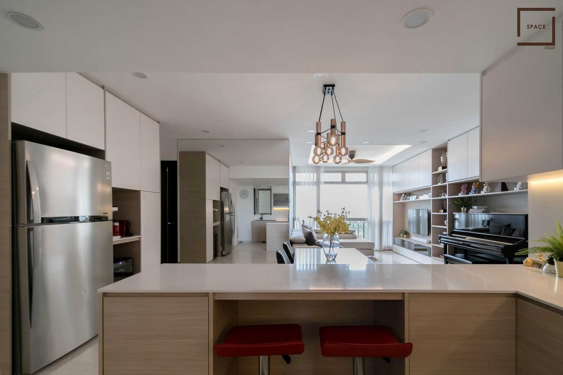 Contemporary Kitchen with TV Console and Ceiling Light