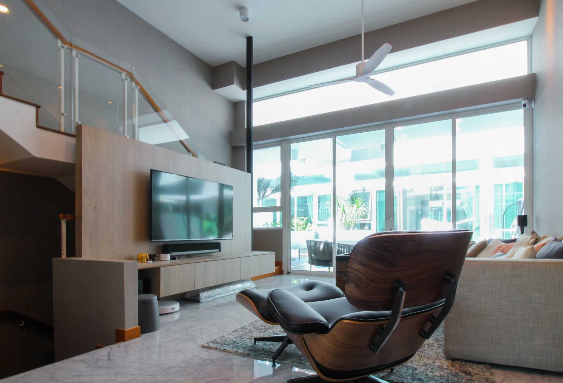 Contemporary Living Room with TV Console and Ceiling Fan