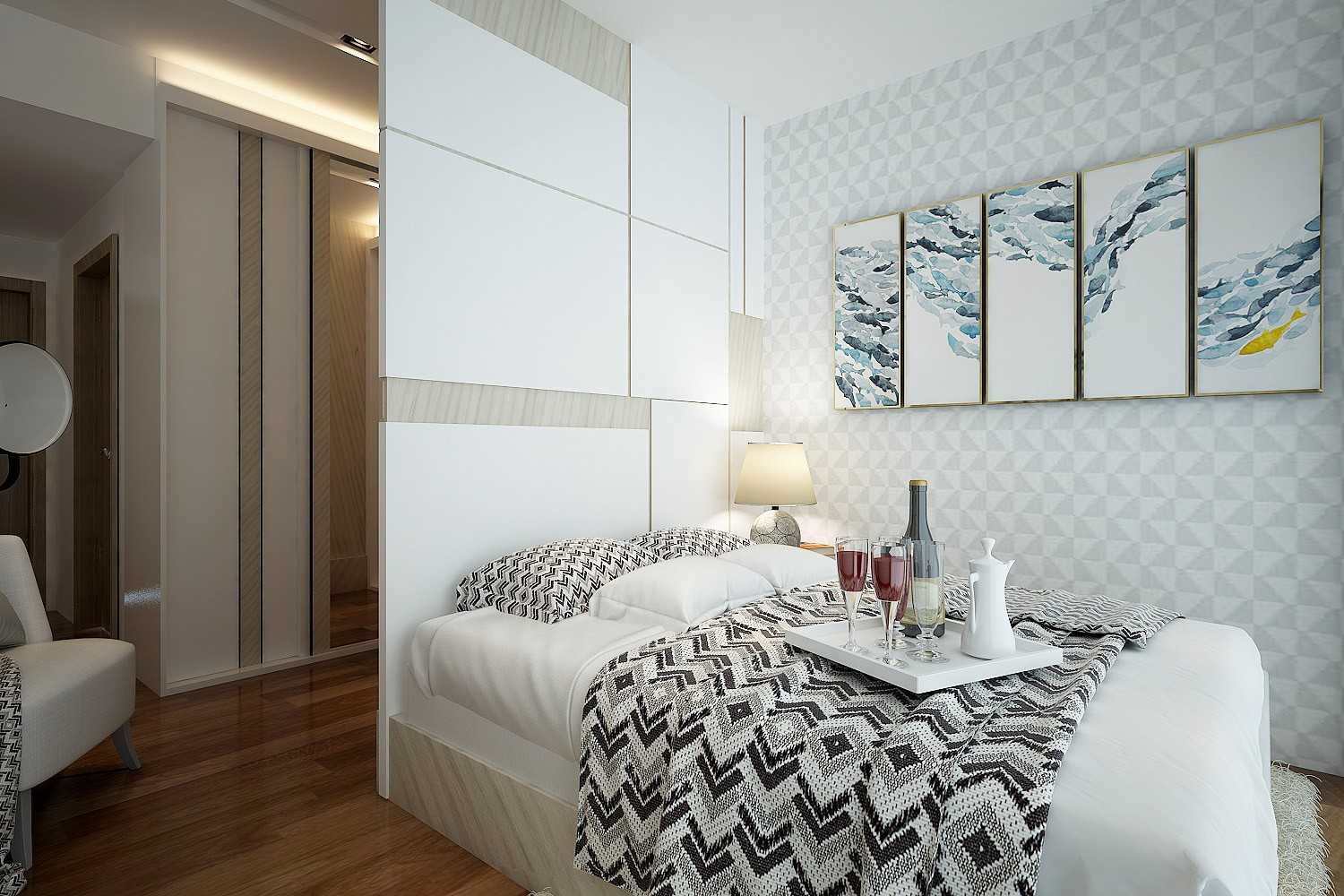 Contemporary Bedroom with Parquet Floor and Feature Wall