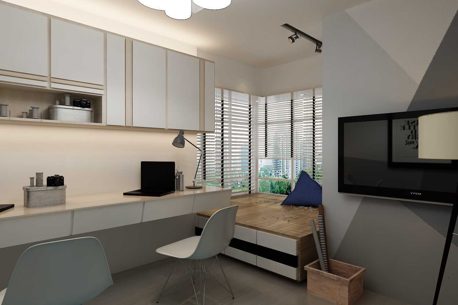 Contemporary Study with Bookshelf and Ceiling Light