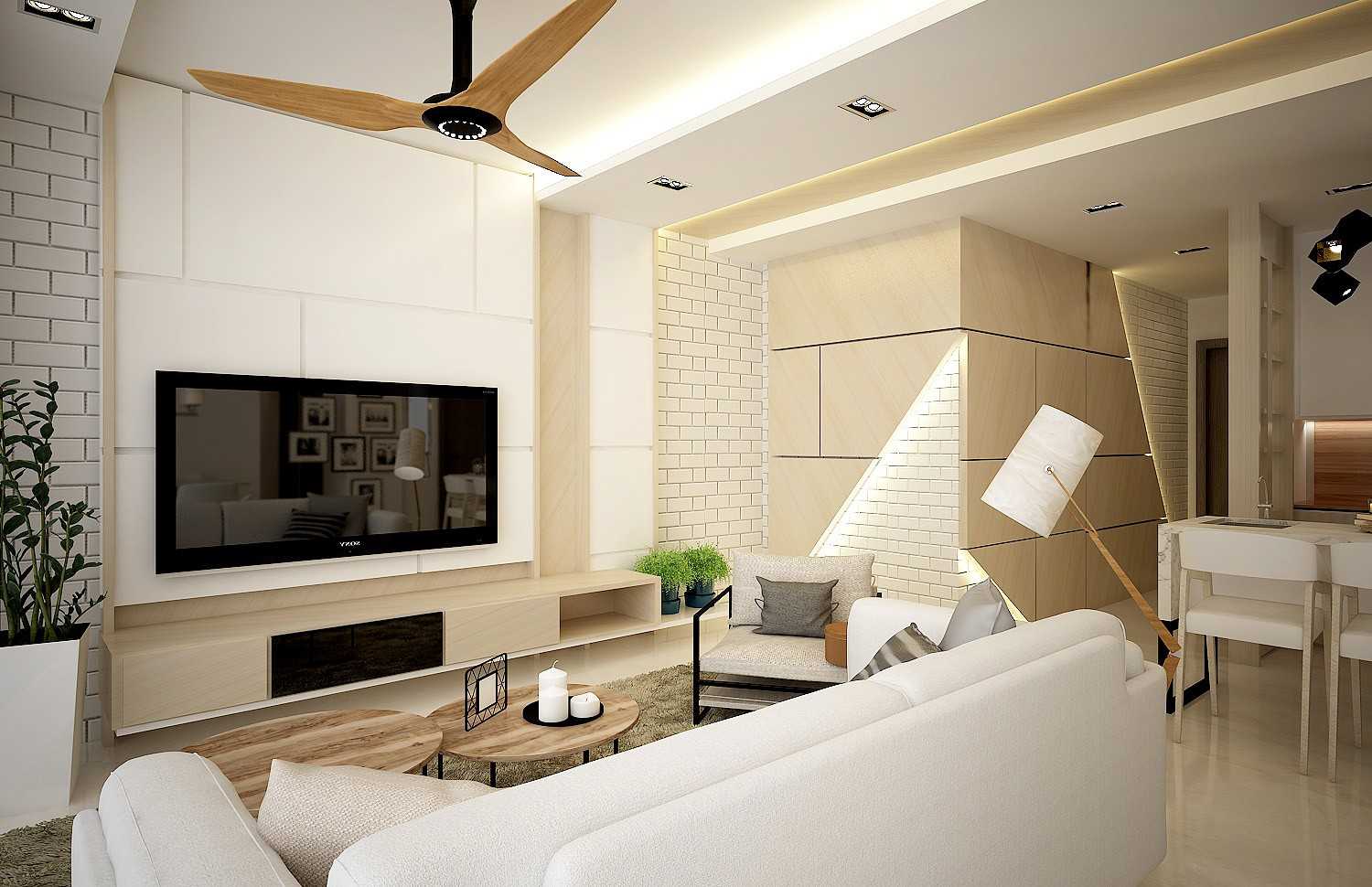 Contemporary Living Room with Homogeneous Tiles and TV Console