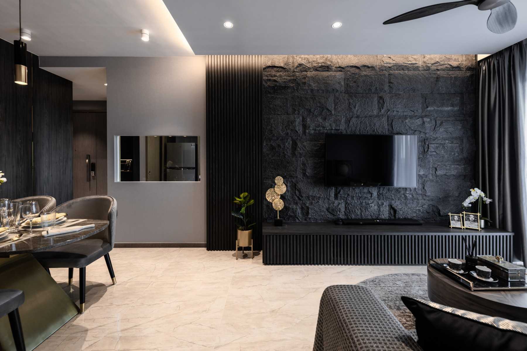 Contemporary Living Room with TV Console and Feature Wall