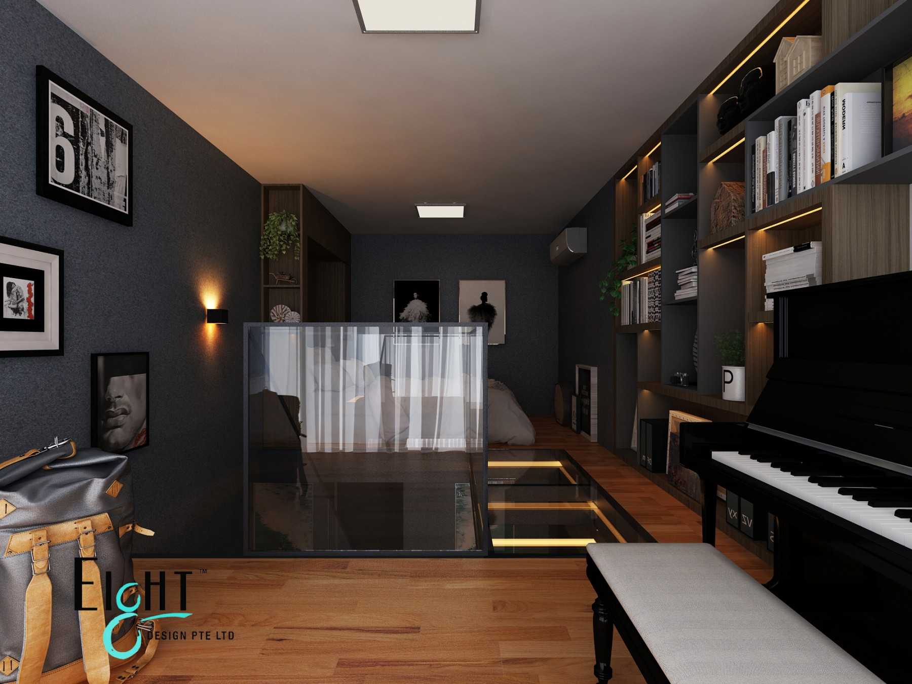 Contemporary Living Room with Bookshelf and Display Cabinets