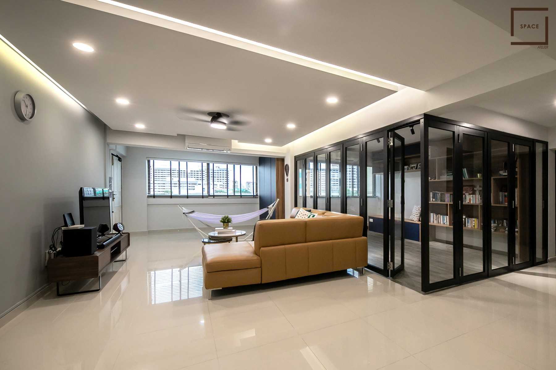 Industrial Living Room with Homogeneous Tiles and TV Console