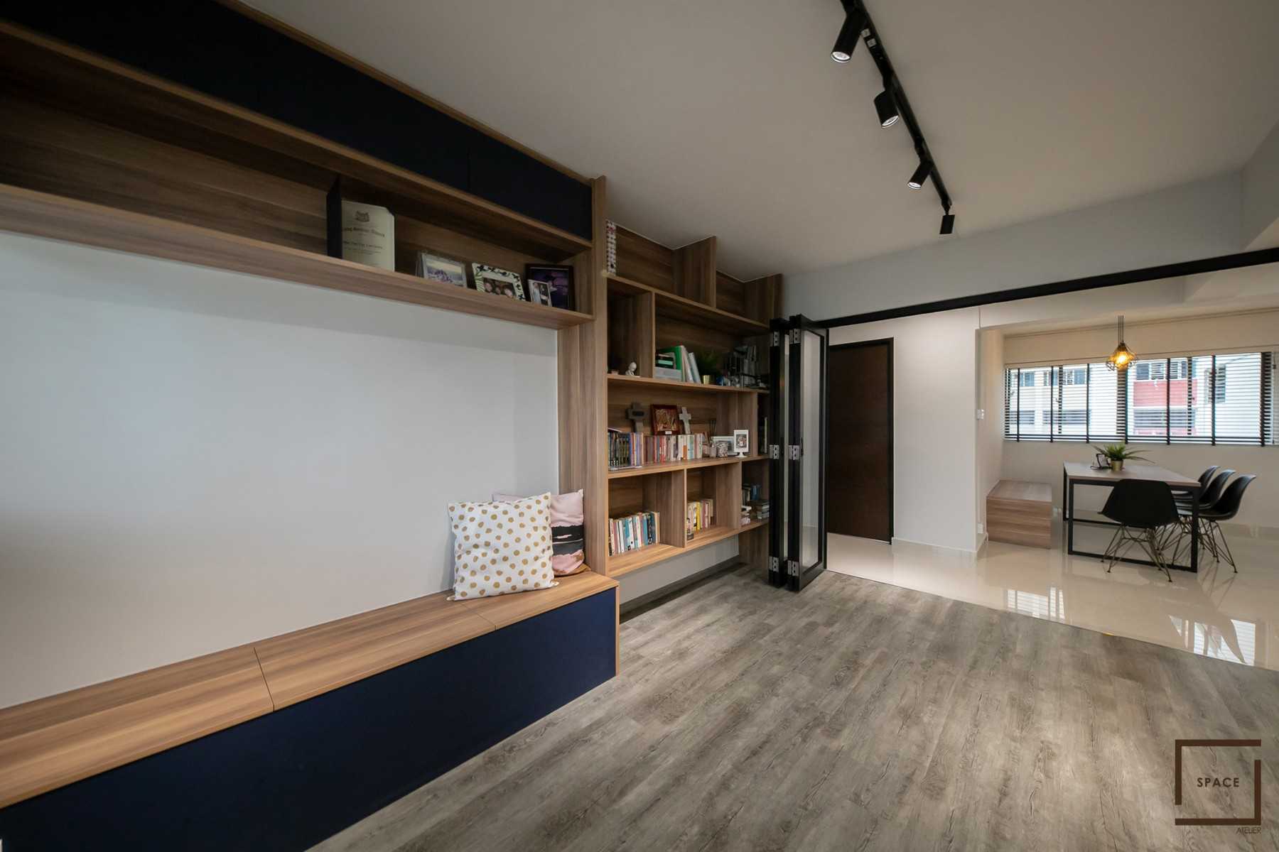 Industrial Living Room with Display Cabinets and Lighting