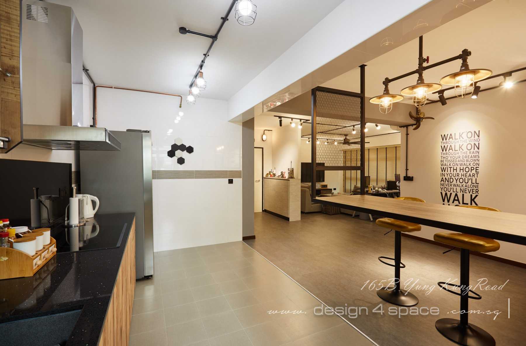 Industrial Kitchen with Herringbone Tiling and Wood Flooring