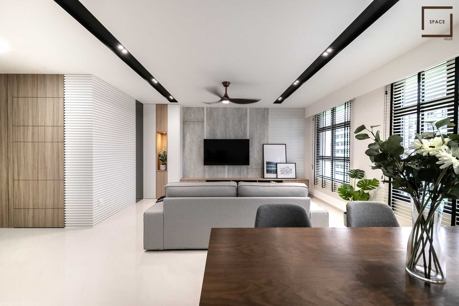 Scandinavian Living Room with Homogeneous Tiles and Feature Wall
