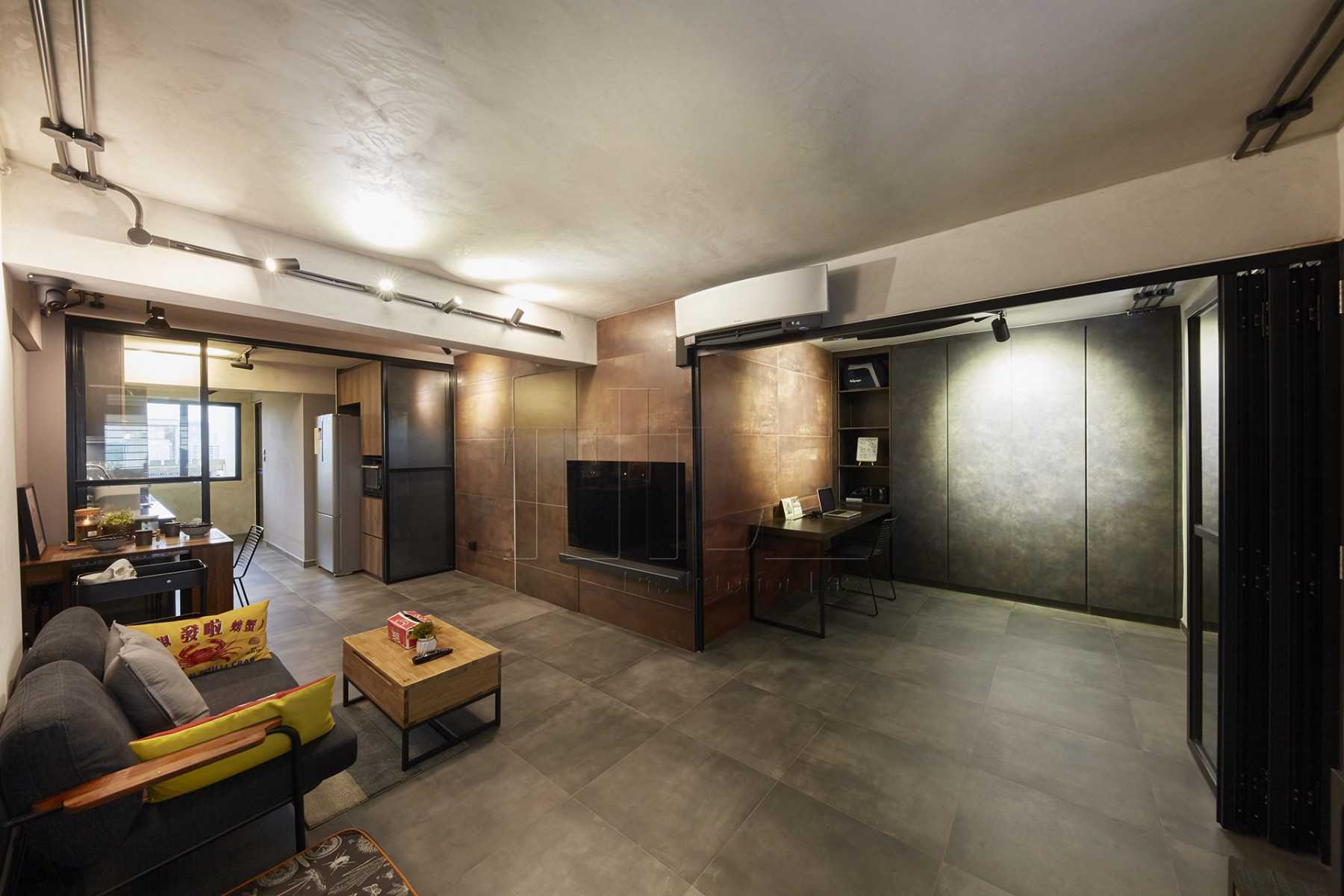 Industrial Living Room with TV Console and Glass Door