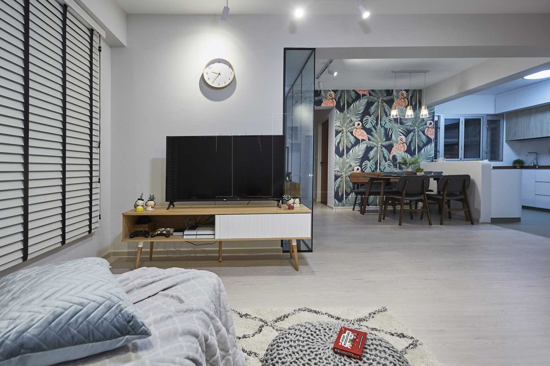 Minimalist Living Room with Wood Flooring and TV Console