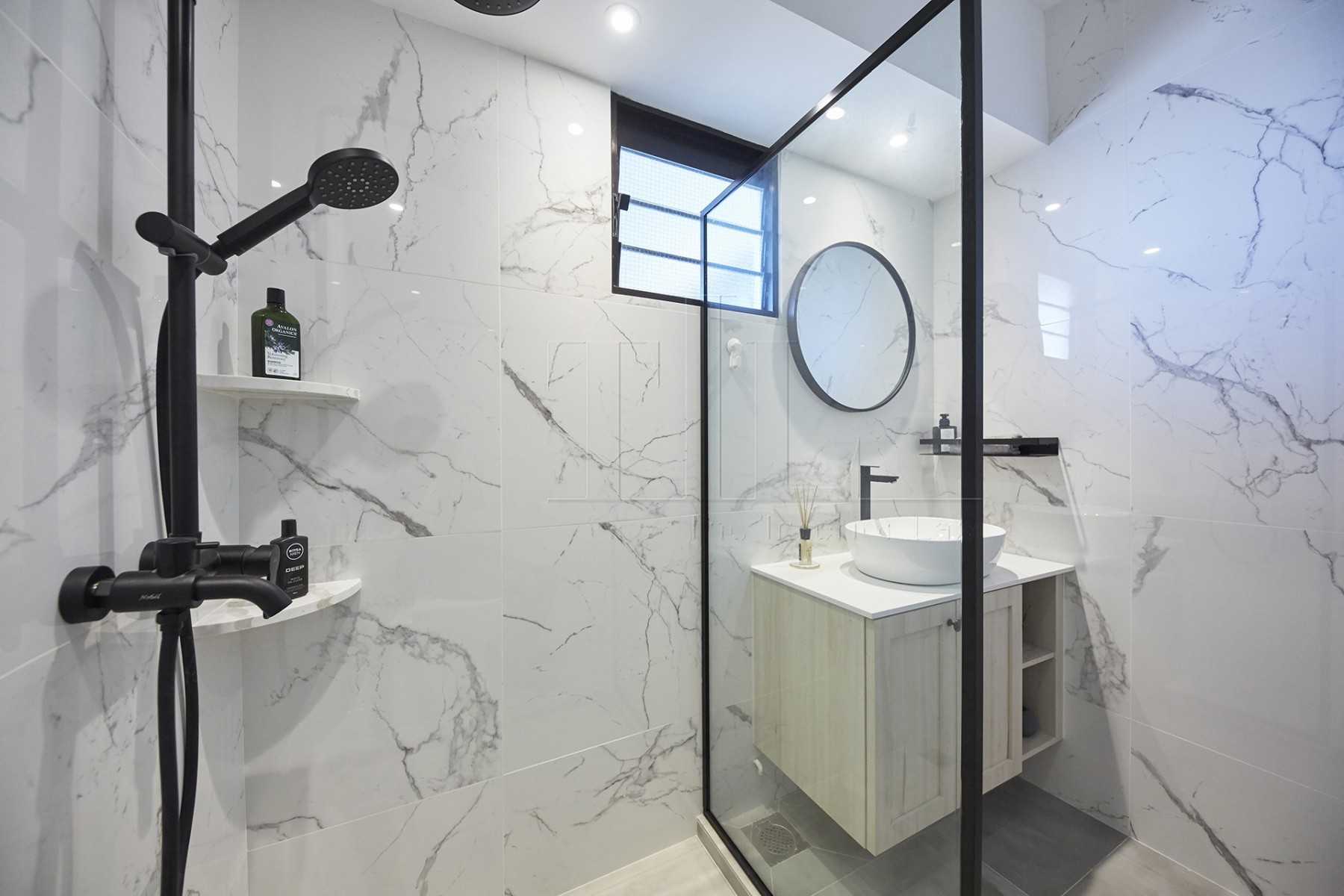 Minimalist Bathroom with Mirror and Shower Screen